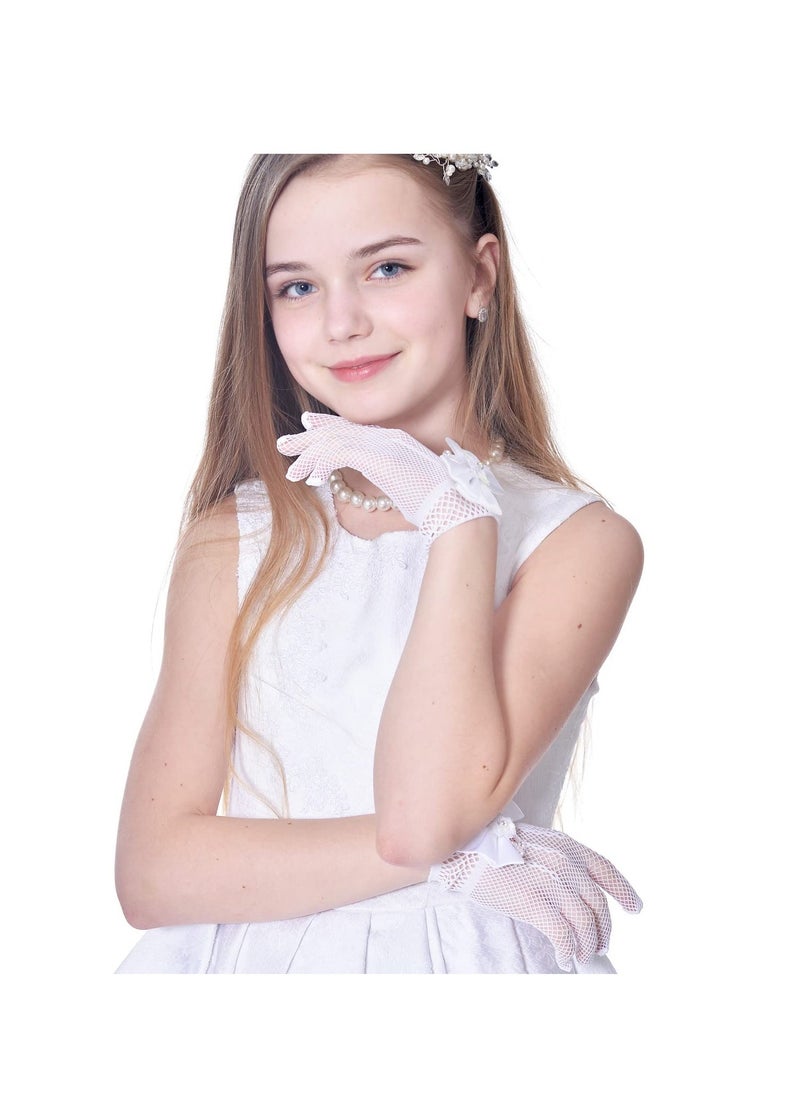 SYOSI 3 Pairs Girl Net Lace Gloves Tea Party Gloves Princess Gloves Bow Tie Gloves Kids First Communion Gloves for Little Girls Pearl Dress Gloves for Wedding Pageant for Girls Aged 4-16  - Image 2