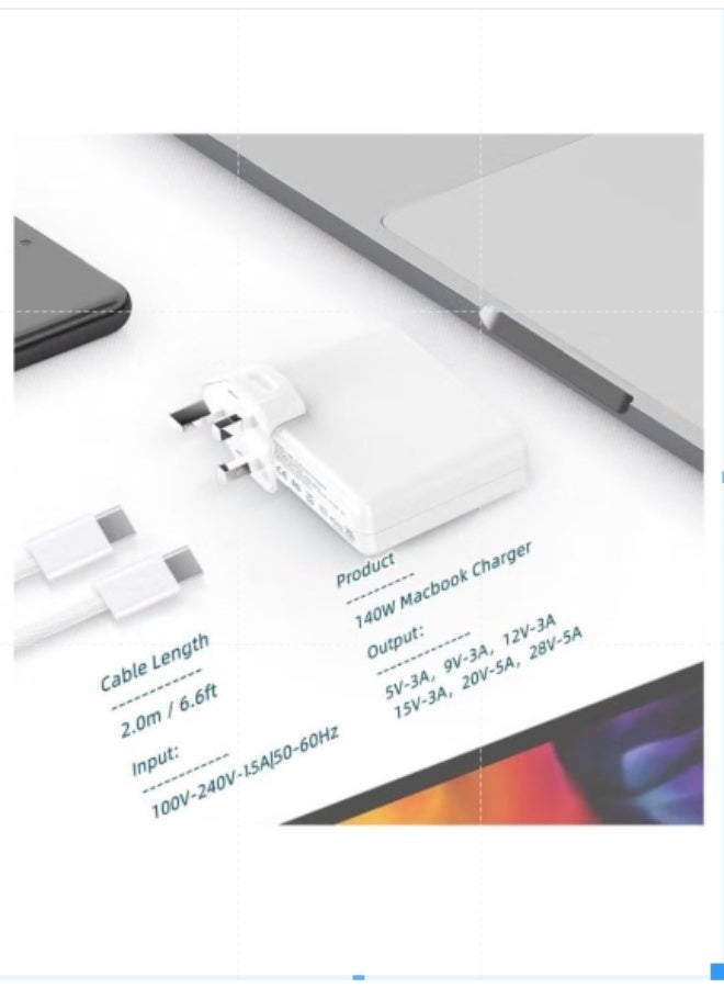 أنمي شاحن ماك بوك برو 140W USB C Super Fast Charger، متوافق مع ماك بوك برو 16، 15، 14، 13 بوصة، ماك بوك إير 13 بوصة، آي باد برو 2022/2021/2020/2019/2018، متضمنة 6.6 قدم USB C إلى C كابل - Image 1