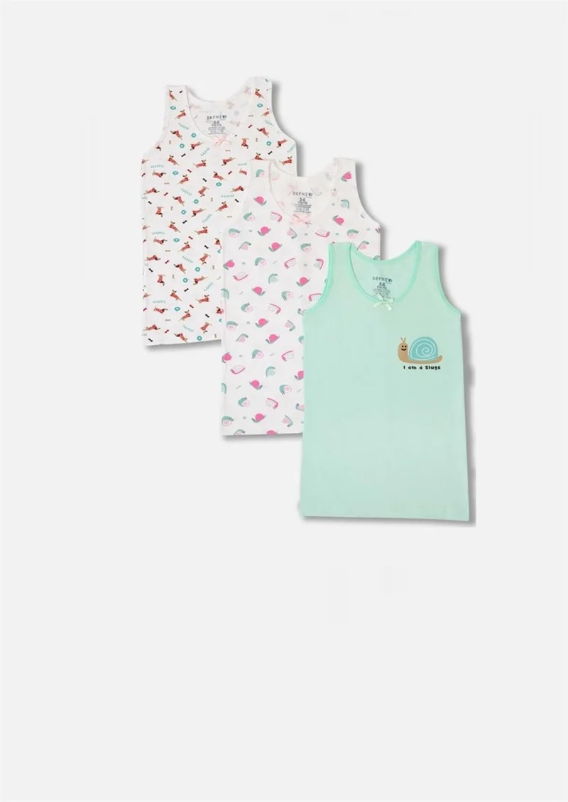Defne Snail Pattern Printed Lycra Combed Cotton Wide Strap Girl 3-Piece Undershirt Set