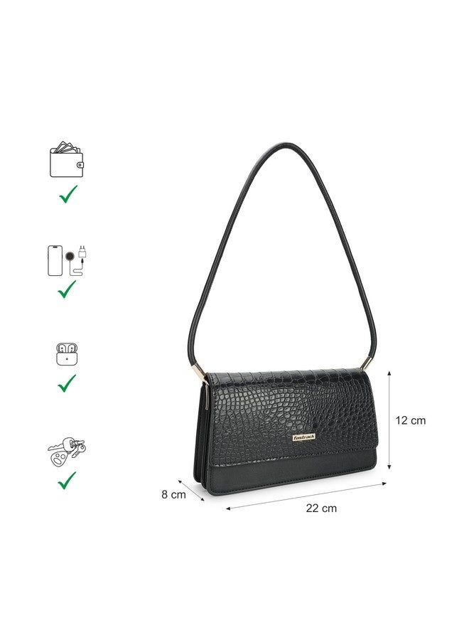 Fastrack Black Croco Textured PU Structured Shoulder Bag for Women, Girls and Ladies | with Classy Flap and Rolled Up Slim Strap - Image 4