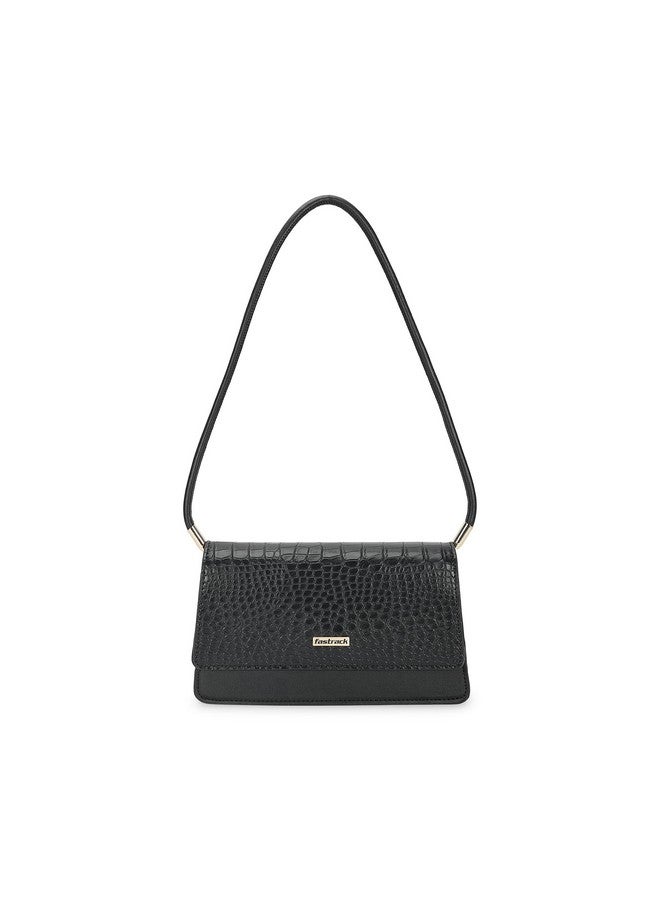 Fastrack Black Croco Textured PU Structured Shoulder Bag for Women, Girls and Ladies | with Classy Flap and Rolled Up Slim Strap - Image 1