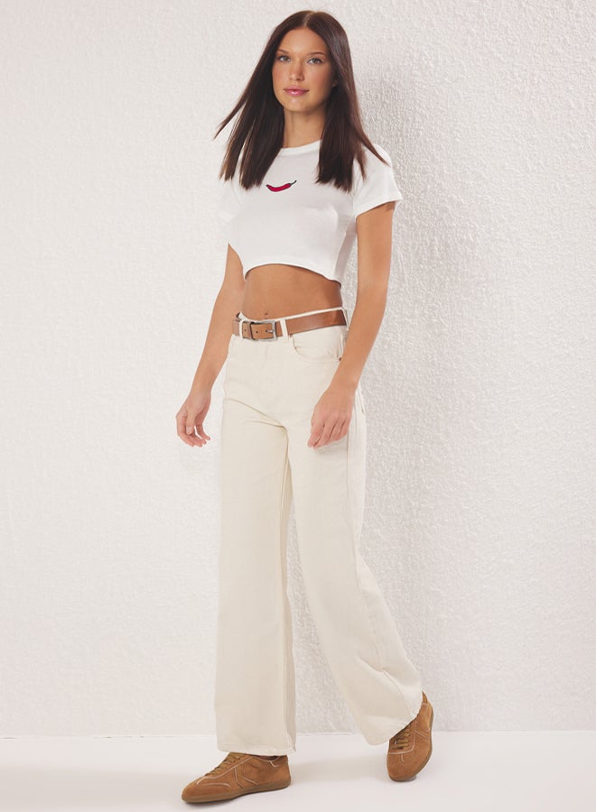 trendyol Ecru High Waist Wide Leg Jeans - Image 2