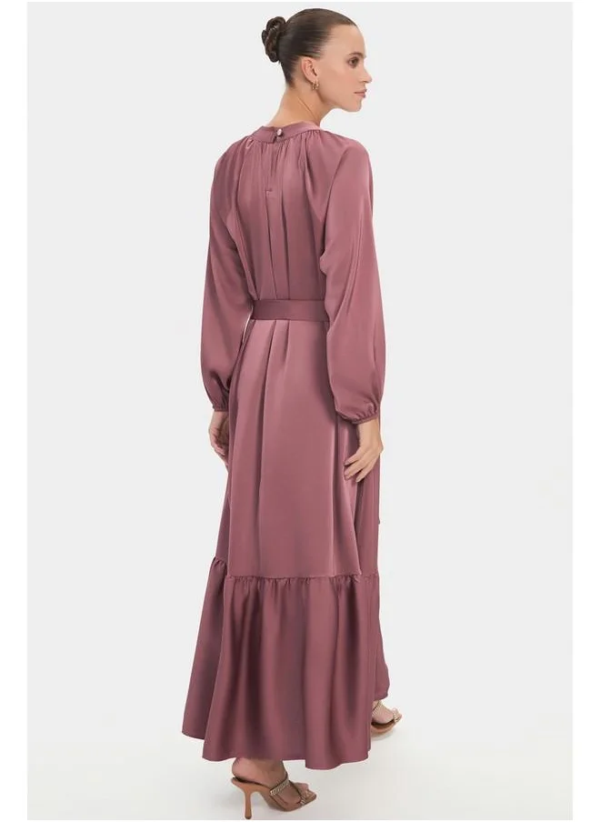 جون June Women Crew Neck Balloon Sleeve Flounce Detailed Belted Maxi Dress Rose