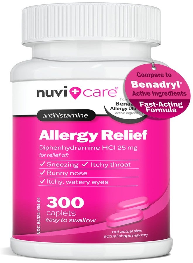 NUVICARE Allergy Relief Tablets - Diphenhydramine 25mg Antihistamine Tablets for Runny Nose, Sneezing, Itchy Eyes & Throat - Compare to Benadryl Allergy Meds - OTC Adult Allergy Medicine (300 Count) - Image 1
