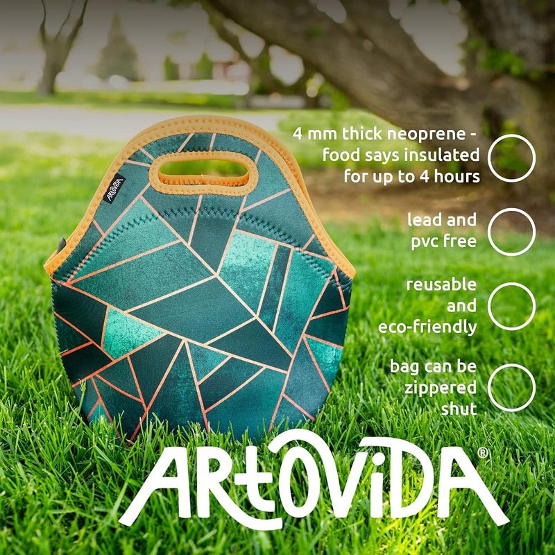 آرت أوف لانش حقيبة غداء معزولة من النيوبرين من ARTOVIDA للنساء والرجال والأطفال - حقيبة غداء ناعمة قابلة لإعادة الاستخدام للاستخدام في العمل والمدرسة - تصميم بواسطة إليزابيث فريدريكسون (السويد) - لون الزمرد والنحاس - Image 2