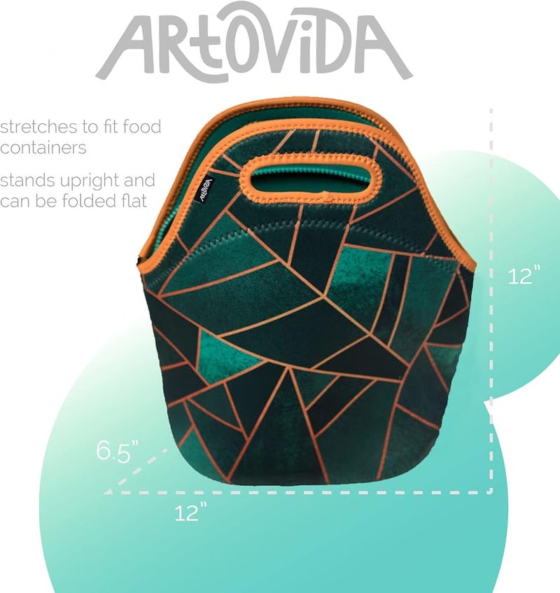 آرت أوف لانش حقيبة غداء معزولة من النيوبرين من ARTOVIDA للنساء والرجال والأطفال - حقيبة غداء ناعمة قابلة لإعادة الاستخدام للاستخدام في العمل والمدرسة - تصميم بواسطة إليزابيث فريدريكسون (السويد) - لون الزمرد والنحاس - Image 3