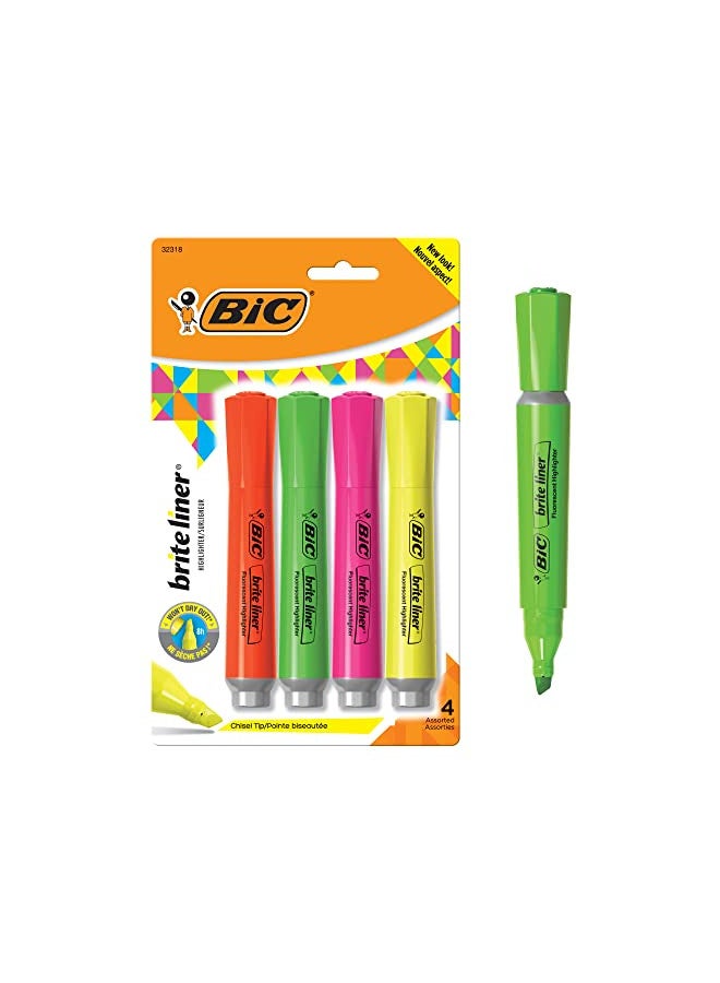 Bic BIC Brite Liner Highlighter with Rubber Grip, Chisel Tip, Assorted, Pack of 4 - BLMGP41-A-AST - Image 1
