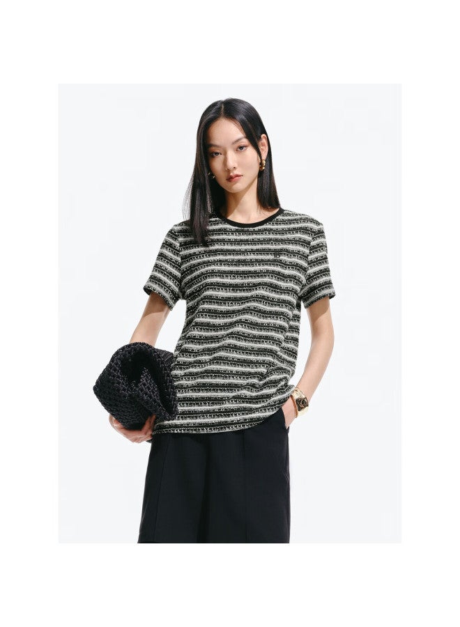 Waxbird Peacebird Women's Chanel-style T-shirt, Short-sleeved, Straight-leg, Loose-fit, Round Neck, Contrasting Color Knit Top, Black Stripes, M - Image 1