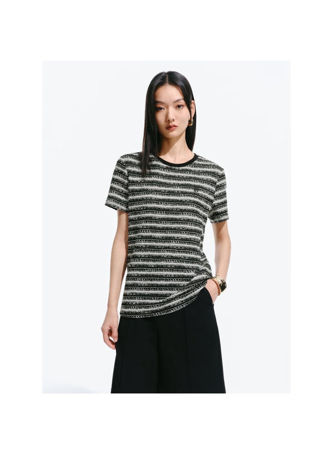Waxbird Peacebird Women's Chanel-style T-shirt, Short-sleeved, Straight-leg, Loose-fit, Round Neck, Contrasting Color Knit Top, Black Stripes, M - Image 3