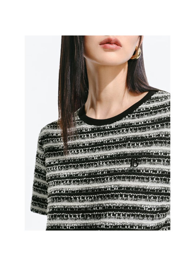Waxbird Peacebird Women's Chanel-style T-shirt, Short-sleeved, Straight-leg, Loose-fit, Round Neck, Contrasting Color Knit Top, Black Stripes, M - Image 4
