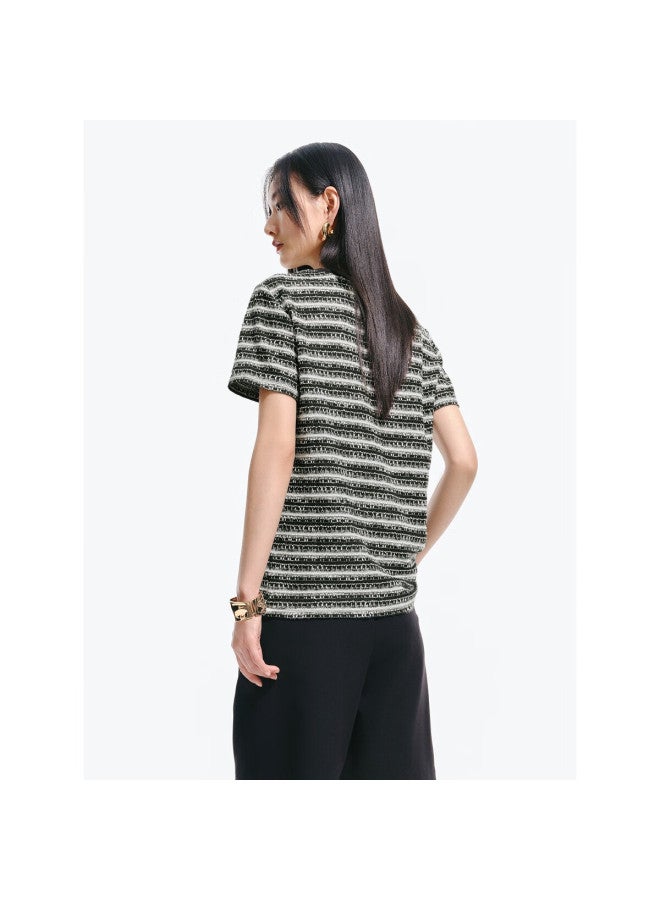 Waxbird Peacebird Women's Chanel-style T-shirt, Short-sleeved, Straight-leg, Loose-fit, Round Neck, Contrasting Color Knit Top, Black Stripes, M - Image 2