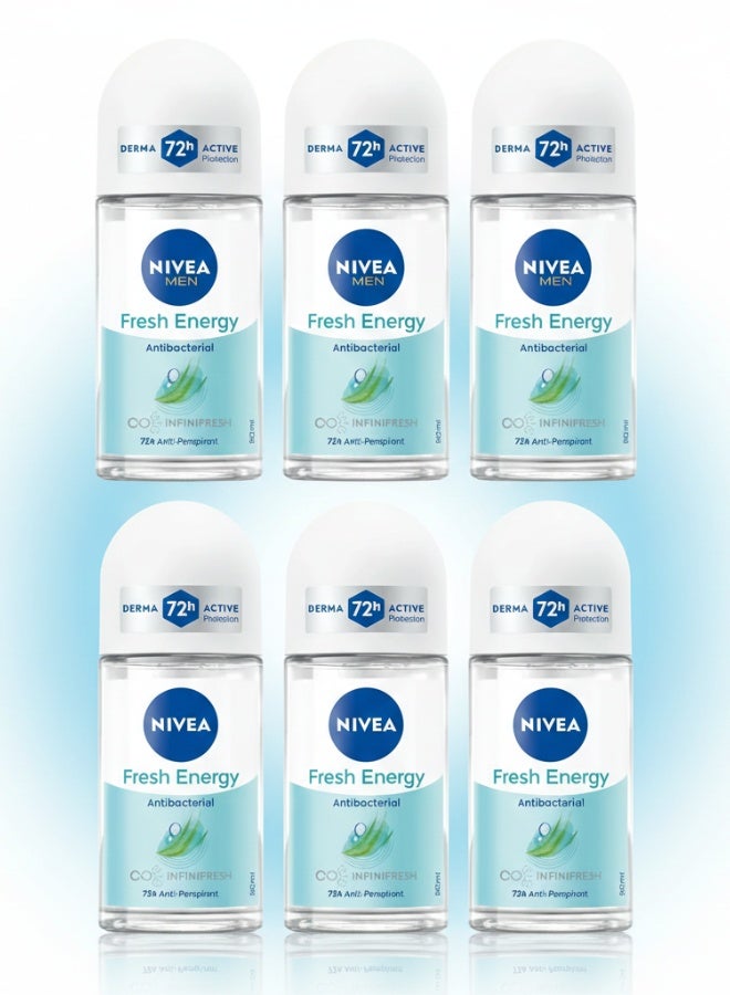 نيفيا عبوة من 6 مزيلات عرق فريش إنرجي مضادة للبكتيريا تدوم 72 ساعة، 50 مل، حماية من العرق ومنعشة تدوم طويلاً - Image 1
