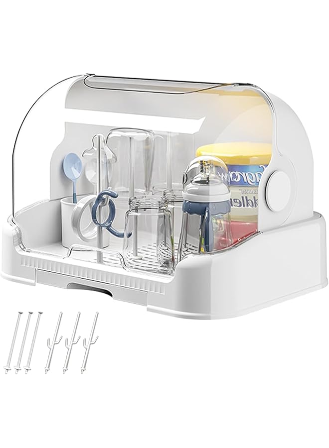 يو-هومي حامل تجفيف زجاجات الأطفال، منظم زجاجات أطفال كبير مع غطاء وصينية تصريف قابلة للإزالة، منظم خزانة المطبخ المحمول، صينية أكواب المطبخ، مصفاة أدوات المائدة، مجفف متين على سطح الطاولة (أبيض) - Image 1