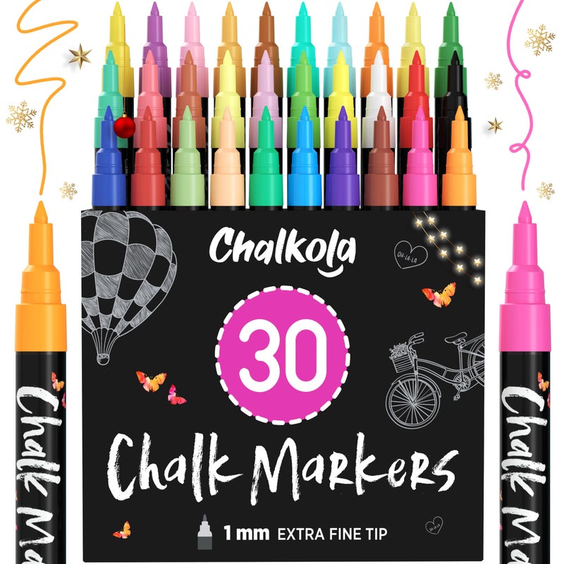 Chalkola Extra Fine Tip Liquid Chalk Markers for Blackboard (30 Pack 1mm) Pastel + Neon Chalk Pens - Erasable Dry Erase Marker for Chalkboard, Blackboards, Window, Bistro, Car - Fine Tip Chalkboard Markers - Image 1