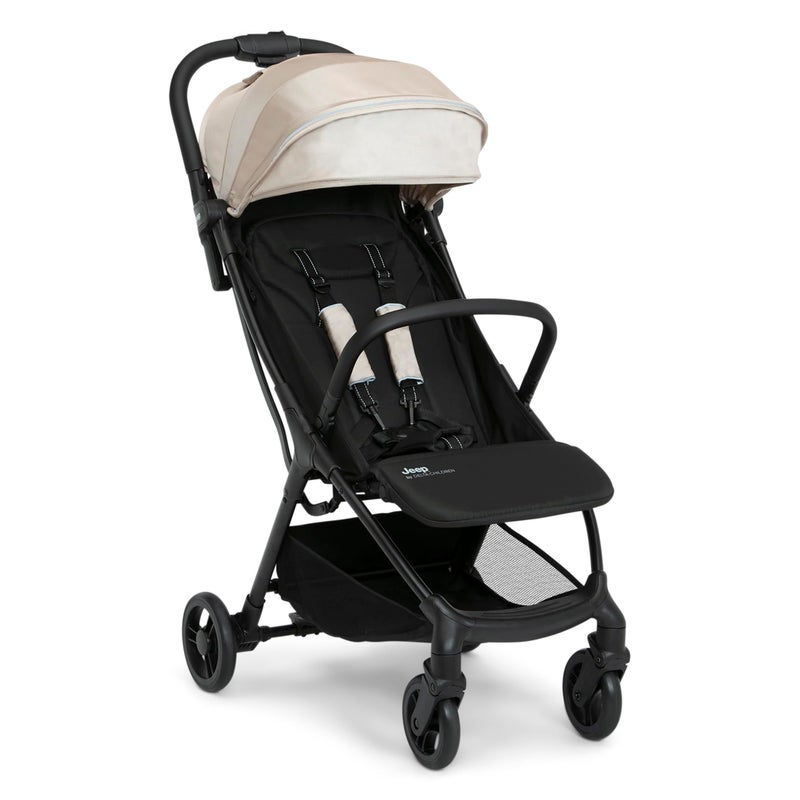 Jeep Altitude Compact Travel Stroller by Delta Children Greenguard Gold Easy One Hand Fold Lightweight Extendable Canopy with PeekaBoo Window Reclining Seat 4 Wheel Suspension Tan