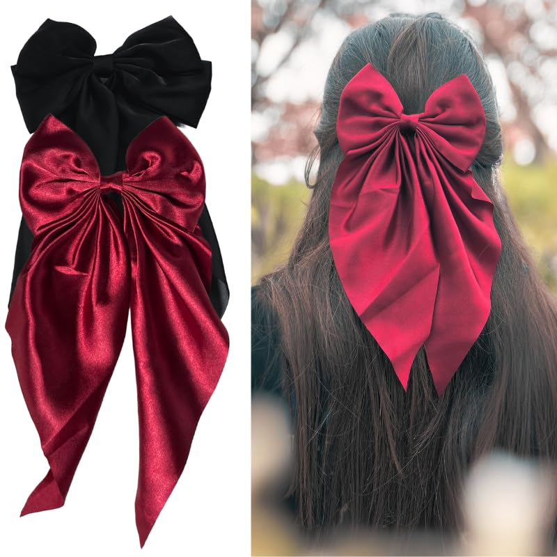 ChicTresses® 2 Pack Black and Red Hair Bows - Bow Clips for Women and Girls - Luxury Silky Satin Hair Accessories - Cute Clips for Girls - Image 2