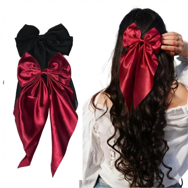 ChicTresses® 2 Pack Black and Red Hair Bows - Bow Clips for Women and Girls - Luxury Silky Satin Hair Accessories - Cute Clips for Girls - Image 1