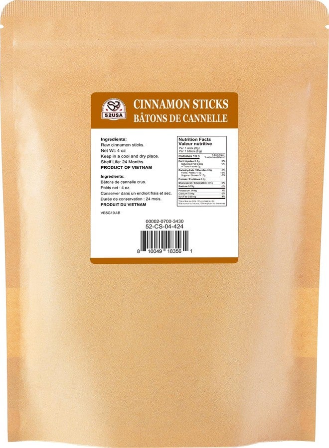 52USA Cinnamon Sticks, Cinnamon 4 oz (113g), Whole Cinnamon Sticks, 100% Raw, Kosher Certified, Gluten Free, Pure & Fresh Cinnamon, Perfect for Baking, Cooking & Beverages - Image 2