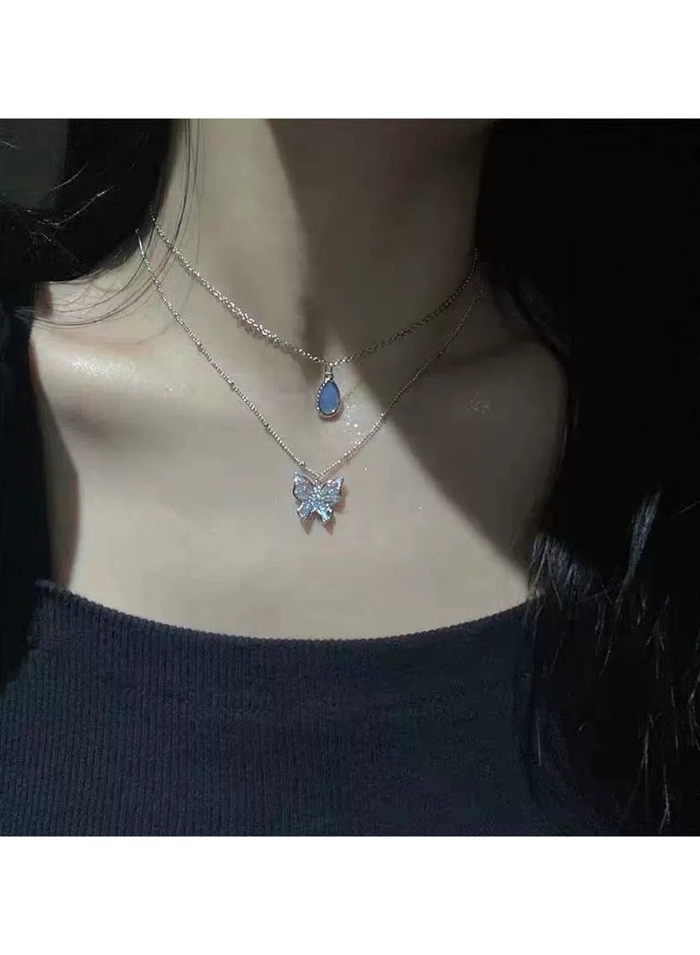 Goolsky Layered Blue Crystal Butterfly Necklace for Women – Minimalist Aesthetic Waterdrop Pendant, Cool Tone Choker Jewelry, Non-Fading - Image 2