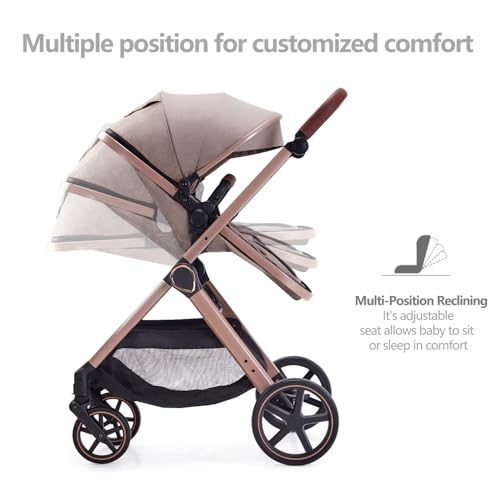 Lortsybab 2 in 1 Baby Stroller, Newborn Infant Toddler Convertible Pram Stroller for 0-36 Months Old Babies (Beige) - Image 3