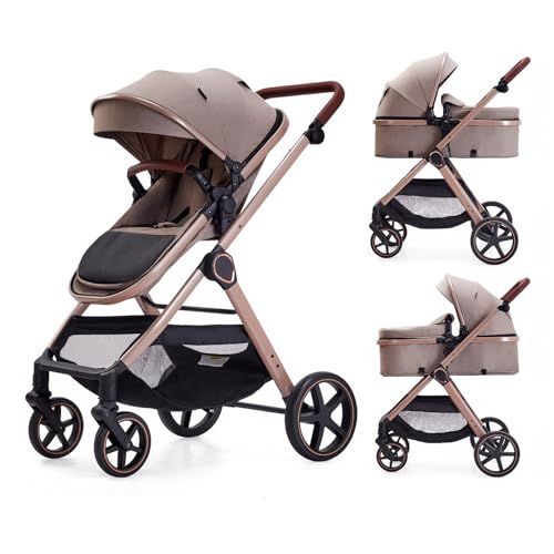 Lortsybab 2 in 1 Baby Stroller, Newborn Infant Toddler Convertible Pram Stroller for 0-36 Months Old Babies (Beige) - Image 1