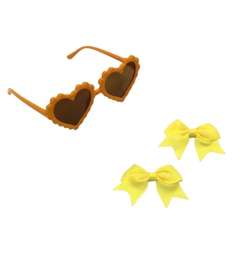 دىدانيالا مجموعة نظارات ياسمين على شكل قلب ومشابك شعر فيونكة للأطفال والبنات - أصفر