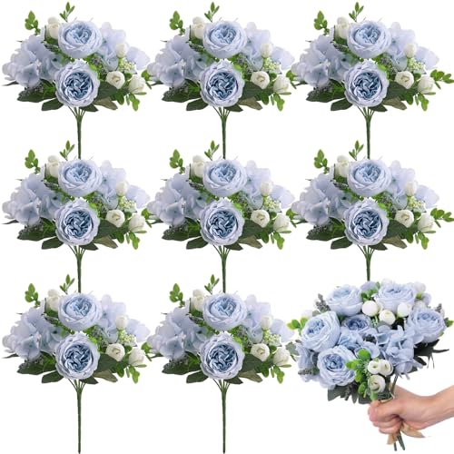 Yunsailing 8 Packs Artificial Peony Flowers Faux Silk Hydrangea Bouquet Vintage Wedding Home Table for Door Decor Reusable Bouquet of Rose Flowers for Valentine Wedding Birthday PartyBlue White - Image 1