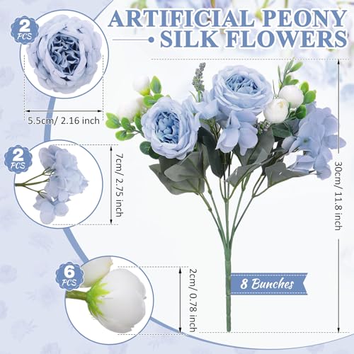 Yunsailing 8 Packs Artificial Peony Flowers Faux Silk Hydrangea Bouquet Vintage Wedding Home Table for Door Decor Reusable Bouquet of Rose Flowers for Valentine Wedding Birthday PartyBlue White - Image 3