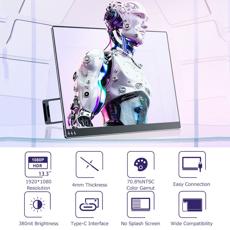 13.3 inch Portable Monitor OLED Screen 1920*1080 Resolution with Integrated Foldable Bracket Wide Compatibility Black UK Plug - Image 5
