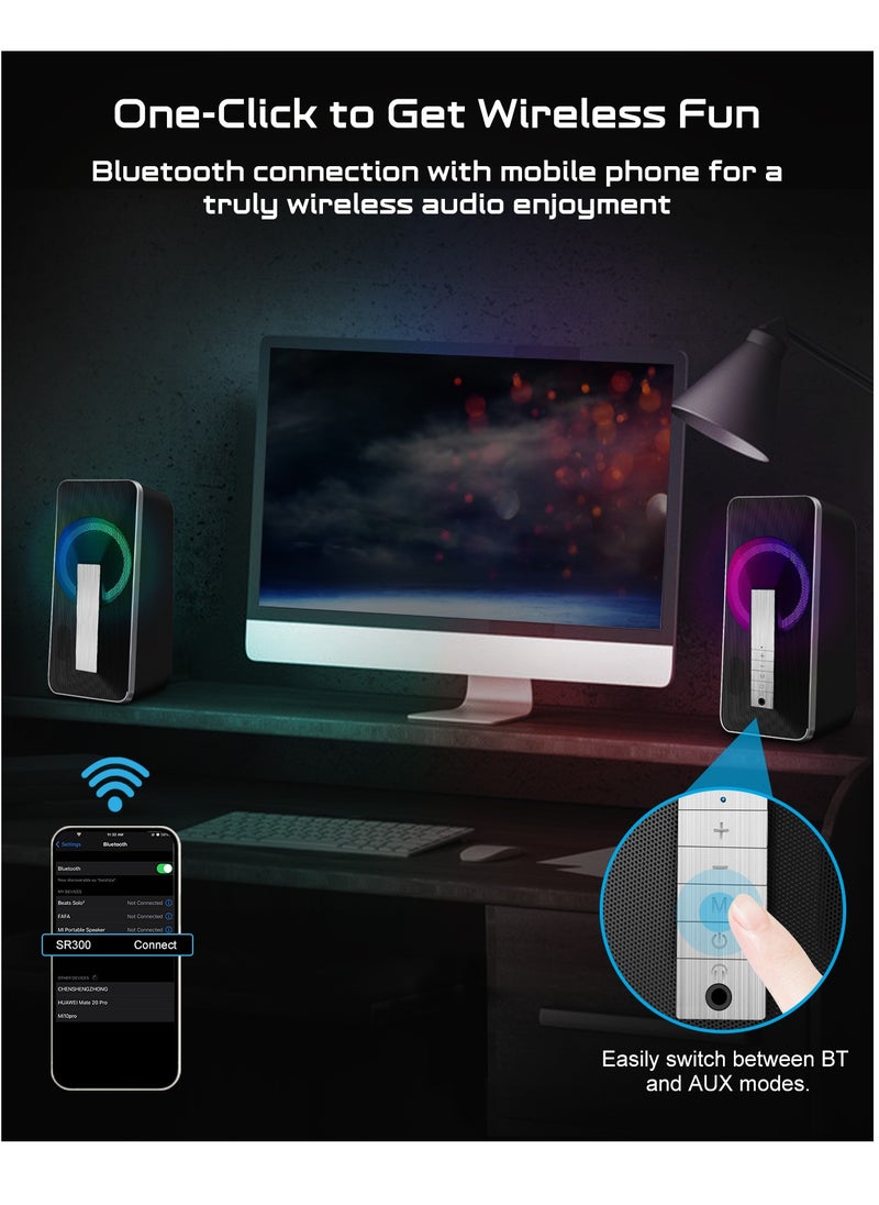 ELEGIANT - SR300 RGB Desktop Bluetooth / Wired 3.5mm Speakers + USB Power – (10W) 5W / 2.0 Channel Stereo | Black - Image 1