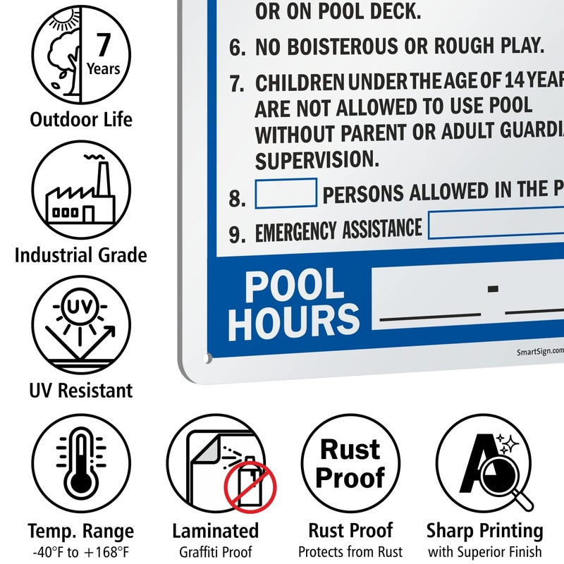 SmartSign 14" x 10" 'Pool Rules - Swim At Your Own Risk, Shower Before Entering, Emergency Assistance, Pool Hours' Write-On Metal Sign, 40 mil Laminated Aluminum, Blue/Black/White, USA-Made - Image 5