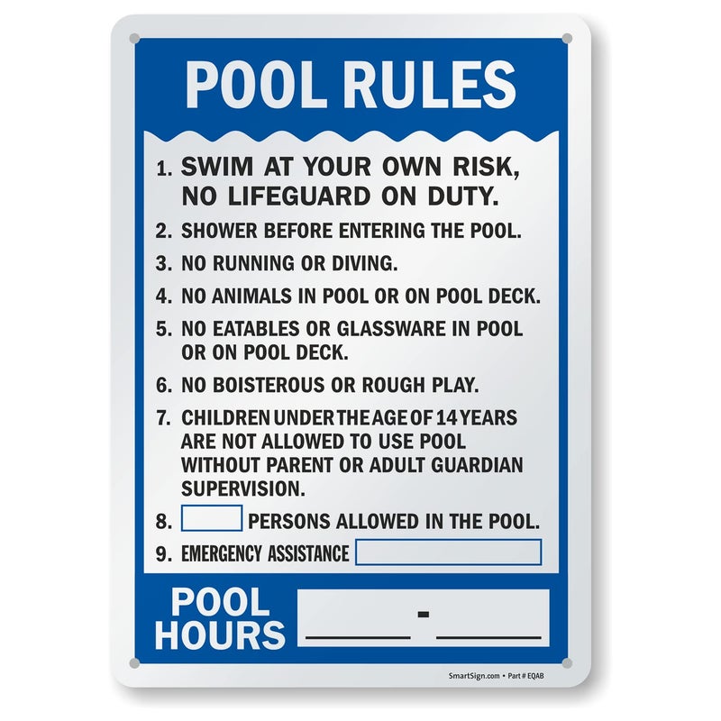 SmartSign 14" x 10" 'Pool Rules - Swim At Your Own Risk, Shower Before Entering, Emergency Assistance, Pool Hours' Write-On Metal Sign, 40 mil Laminated Aluminum, Blue/Black/White, USA-Made - Image 1