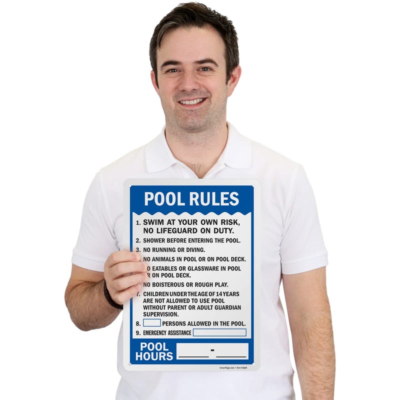 SmartSign 14" x 10" 'Pool Rules - Swim At Your Own Risk, Shower Before Entering, Emergency Assistance, Pool Hours' Write-On Metal Sign, 40 mil Laminated Aluminum, Blue/Black/White, USA-Made - Image 2