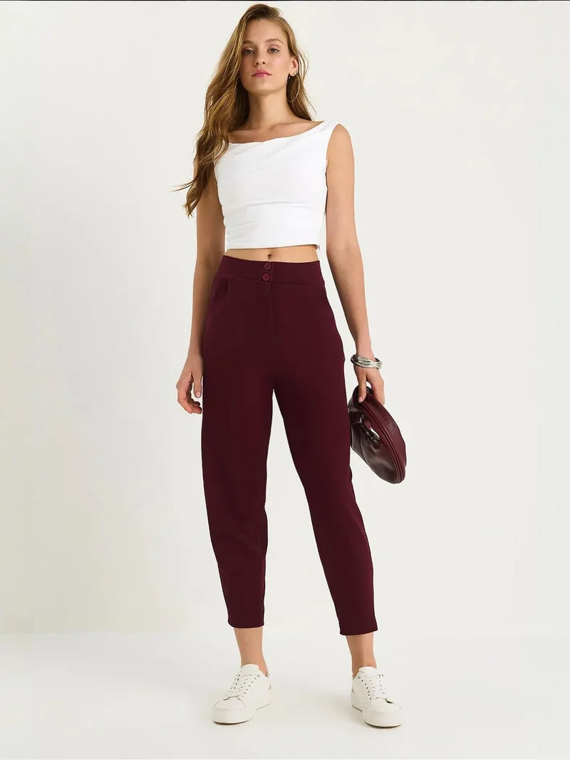 LUCCI Long Crepe Carrot Pants with Button Closure
