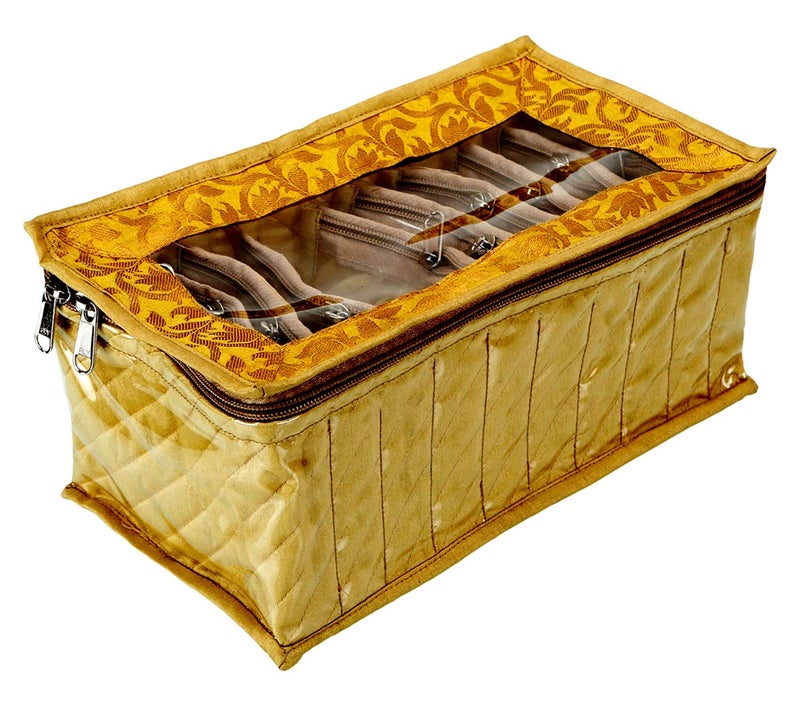 Kuber Industries Kuber Industries Fabric Jewellery Box with 10 Transparent Pouches (Gold)-KUBMART2972  - Image 3