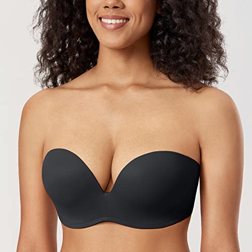 DELIMIRA Women's Strapless Bra Plunge Push Up for Big Busted Seamless Slightly Lined Support Lift Plus Size Invisible Black 38D - Image 5