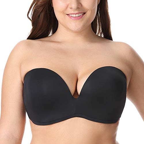 DELIMIRA Women's Strapless Bra Plunge Push Up for Big Busted Seamless Slightly Lined Support Lift Plus Size Invisible Black 38D - Image 1