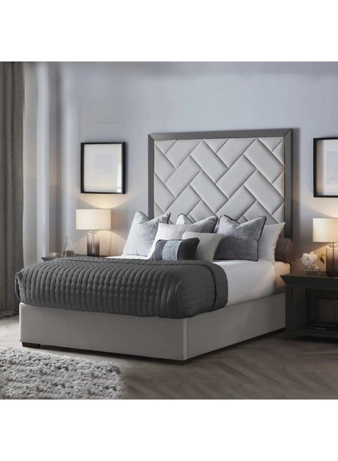 KUSTOMDECO Luxury King Size Bed with Cushioned Velvet Headboard – Modern Designer Bed Frame for Bedroom Decor  Customizable King Size Bed 180cm x 200cm (Grey) - Image 1