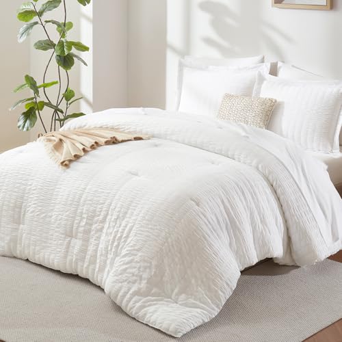 CozyLux Oversized Queen Comforter Set White Seersucker 7 Pieces 98x98 Bed in a Bag Comforter Set with Sheets, Luxury Soft Bedding Sets with Down Alternative Comforter, Sheets, Pillowcases & Shams - Image 1