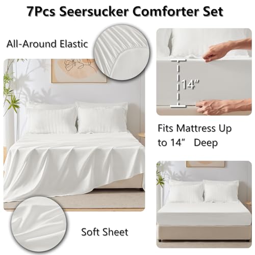 CozyLux Oversized Queen Comforter Set White Seersucker 7 Pieces 98x98 Bed in a Bag Comforter Set with Sheets, Luxury Soft Bedding Sets with Down Alternative Comforter, Sheets, Pillowcases & Shams - Image 5