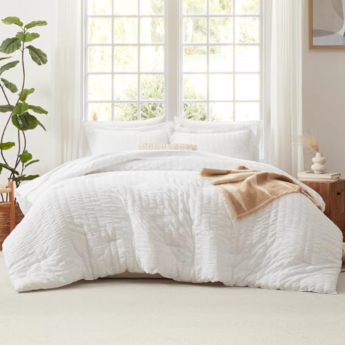 CozyLux Oversized Queen Comforter Set White Seersucker 7 Pieces 98x98 Bed in a Bag Comforter Set with Sheets, Luxury Soft Bedding Sets with Down Alternative Comforter, Sheets, Pillowcases & Shams - Image 3