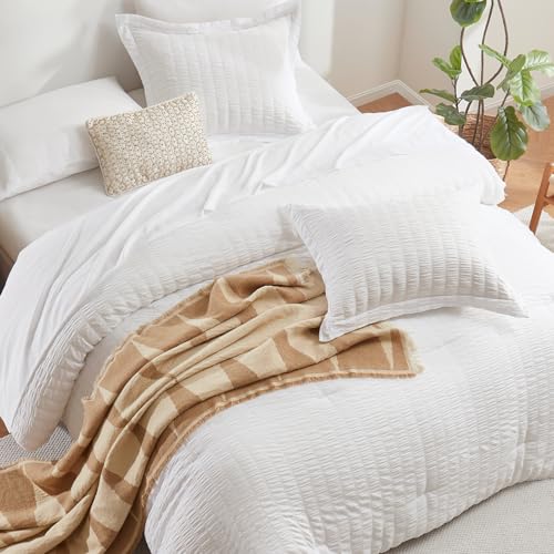 CozyLux Oversized Queen Comforter Set White Seersucker 7 Pieces 98x98 Bed in a Bag Comforter Set with Sheets, Luxury Soft Bedding Sets with Down Alternative Comforter, Sheets, Pillowcases & Shams - Image 4