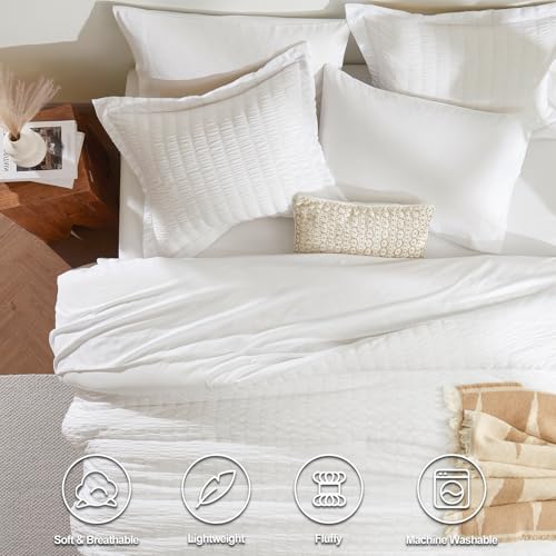 CozyLux Oversized Queen Comforter Set White Seersucker 7 Pieces 98x98 Bed in a Bag Comforter Set with Sheets, Luxury Soft Bedding Sets with Down Alternative Comforter, Sheets, Pillowcases & Shams - Image 2