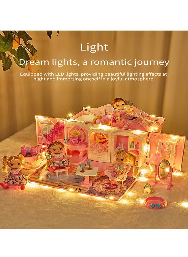 Beauenty 2 Floors Huge handbag Dollhouse Play Set with 2 Rooms 4 doll 1handbag 1 Color Light Strips with Lights to Assemble Bedroom, Furniture, Garden,Pets DIY Pretend Play Doll House for Girls. - Image 2