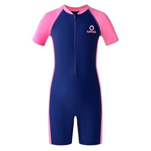 karrack Girls and Boys One Piece Rash Guard Swimsuit Kid Water Sport Short Swimsuit UPF 50+ Sun Protection Bathing Suits Blue-Pink (Size 3-5Years) - Image 1