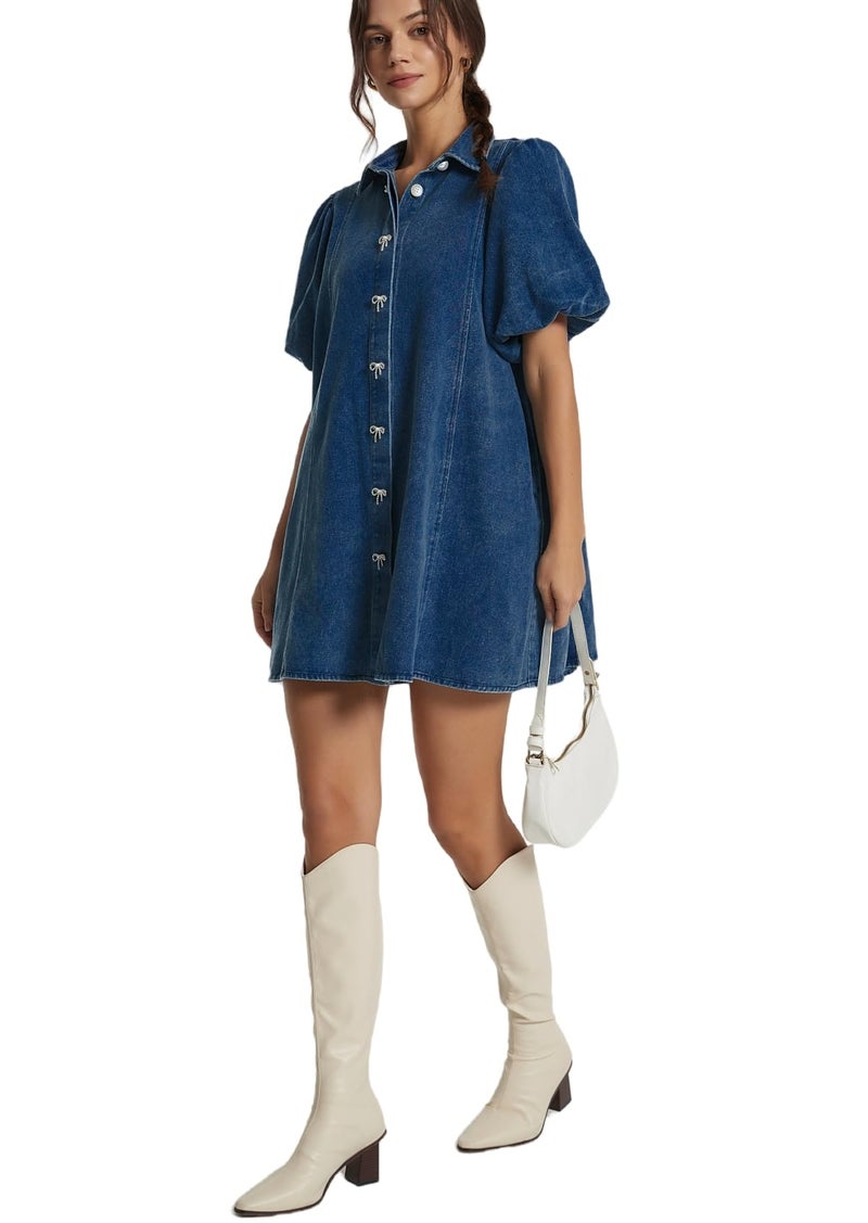 LifeShe Women Short Puff Sleeve Denim Dresses Babydoll Mini Dress Casual Flowy Swing Jean Dresses Deep Blue - Image 3