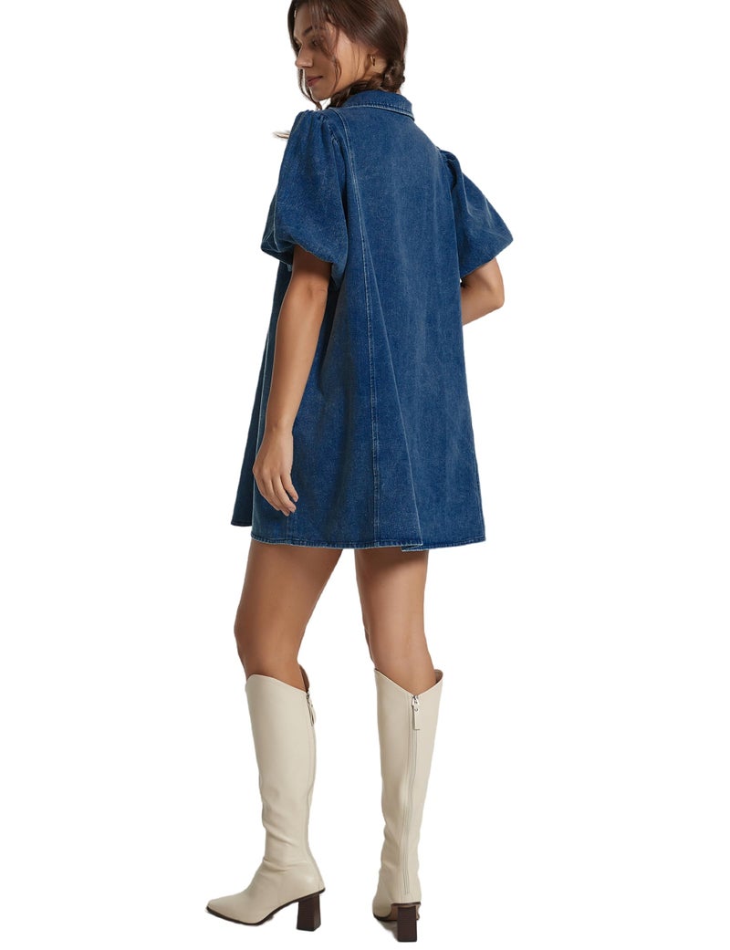 LifeShe Women Short Puff Sleeve Denim Dresses Babydoll Mini Dress Casual Flowy Swing Jean Dresses Deep Blue - Image 4