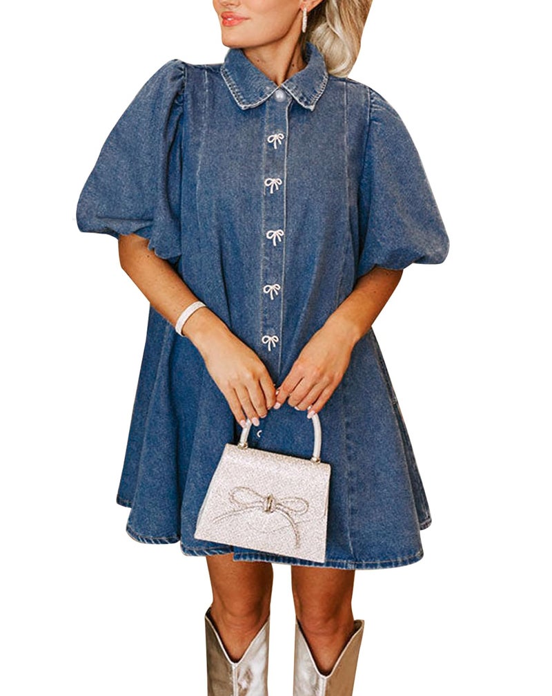 LifeShe Women Short Puff Sleeve Denim Dresses Babydoll Mini Dress Casual Flowy Swing Jean Dresses Deep Blue - Image 1