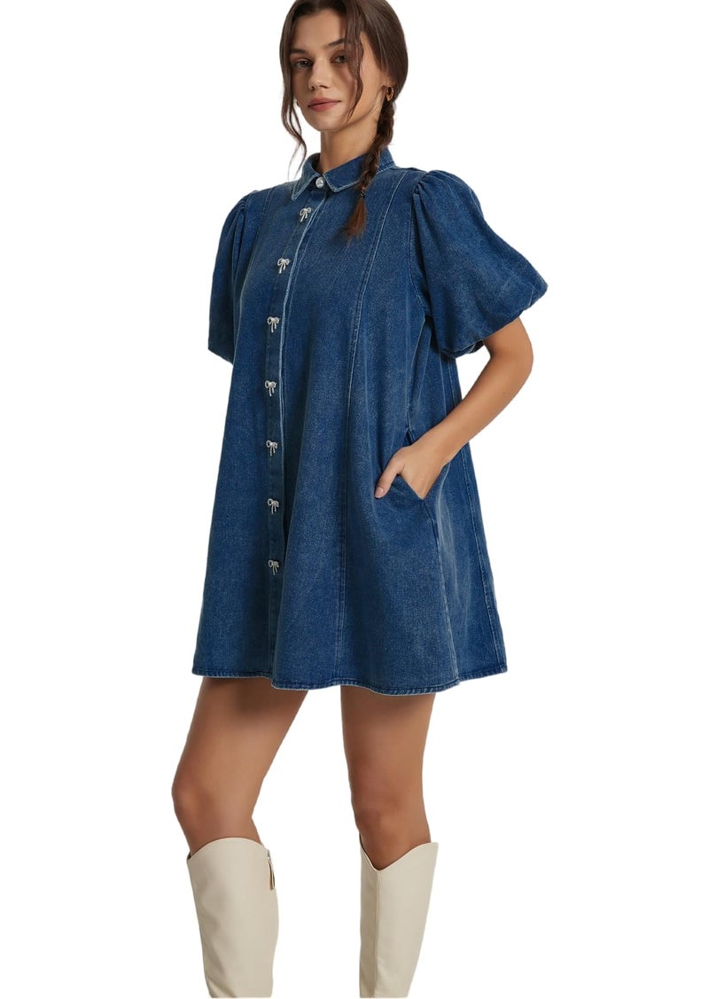 LifeShe Women Short Puff Sleeve Denim Dresses Babydoll Mini Dress Casual Flowy Swing Jean Dresses Deep Blue - Image 5