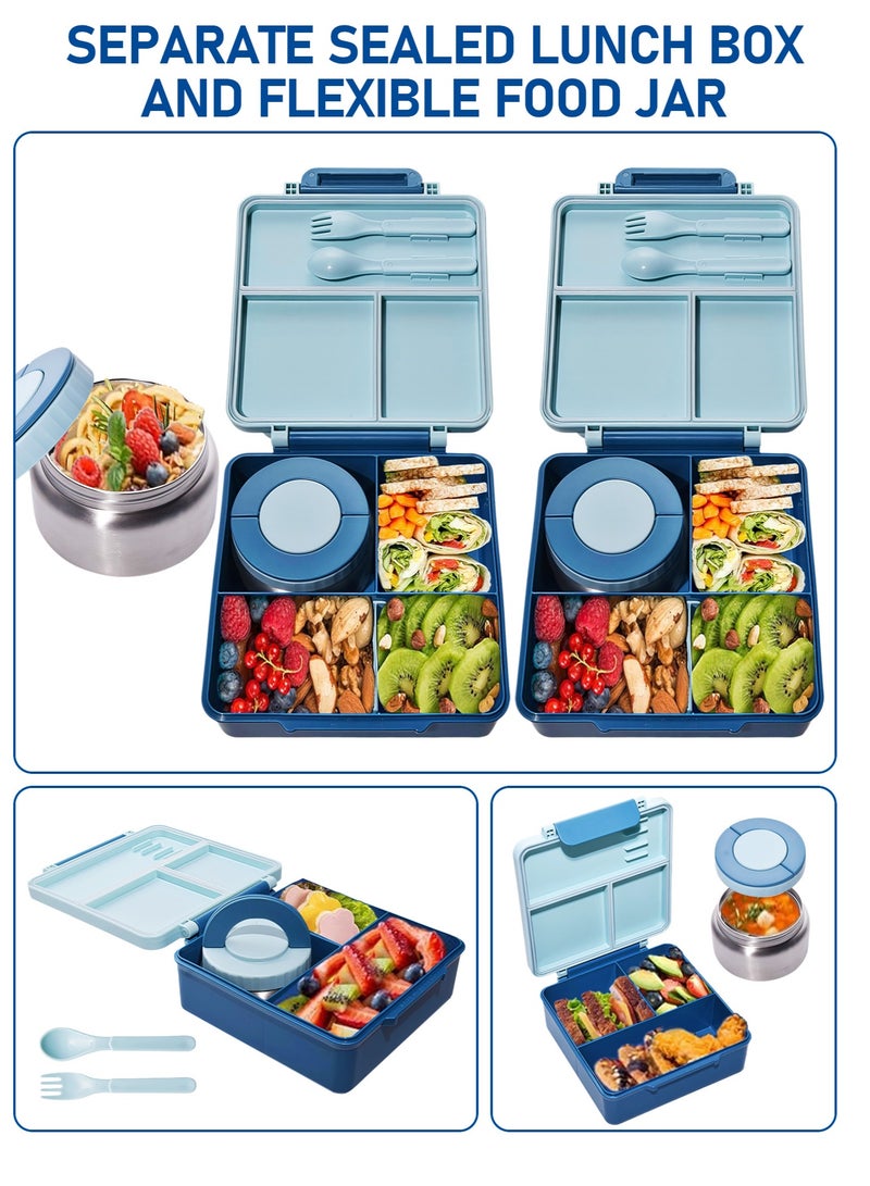 Bento Lunch Box with 8oz Soup Thermo, Kids Leakproof Lunch Food Containers with 4 Compartment, Kids Thermo Insulated Hot Food Jar for School, Travel - (Blue) - Image 3